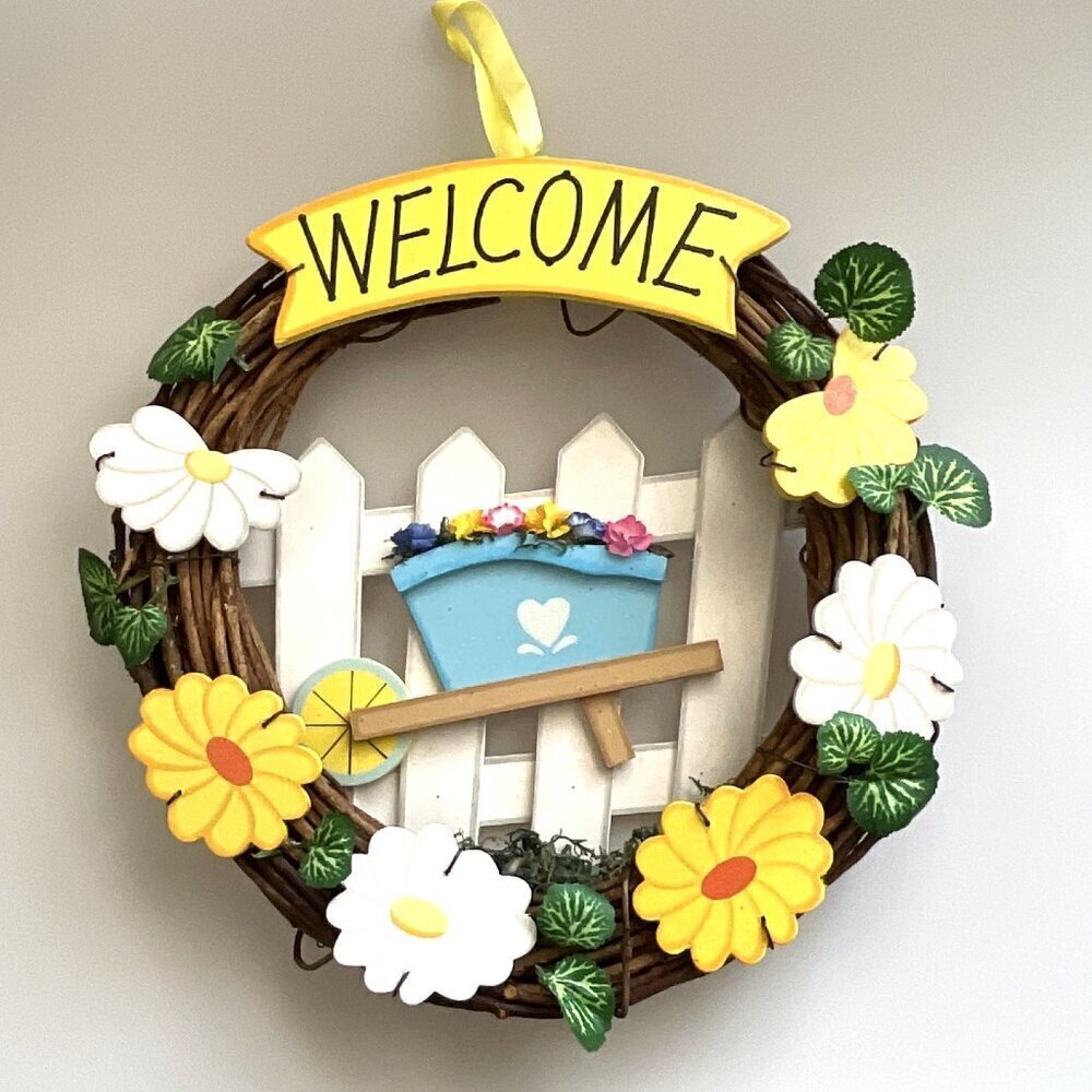 SPRING  WELCOME HANDMADE GRAPEVINE WOOD WREATH VINTAGE